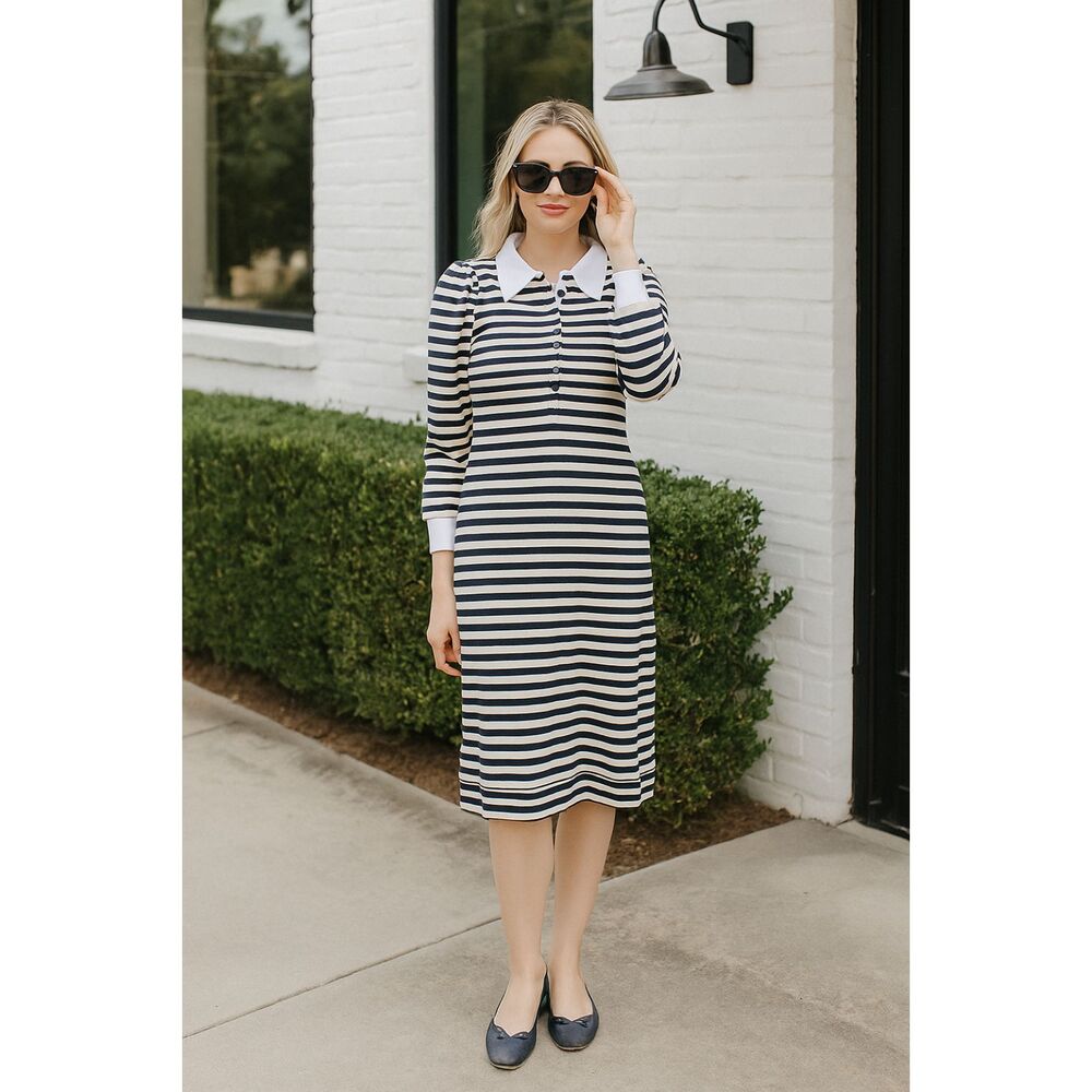 BURU Cream Blue Stripe Cotton Polo Midi Dress Women's Size Medium